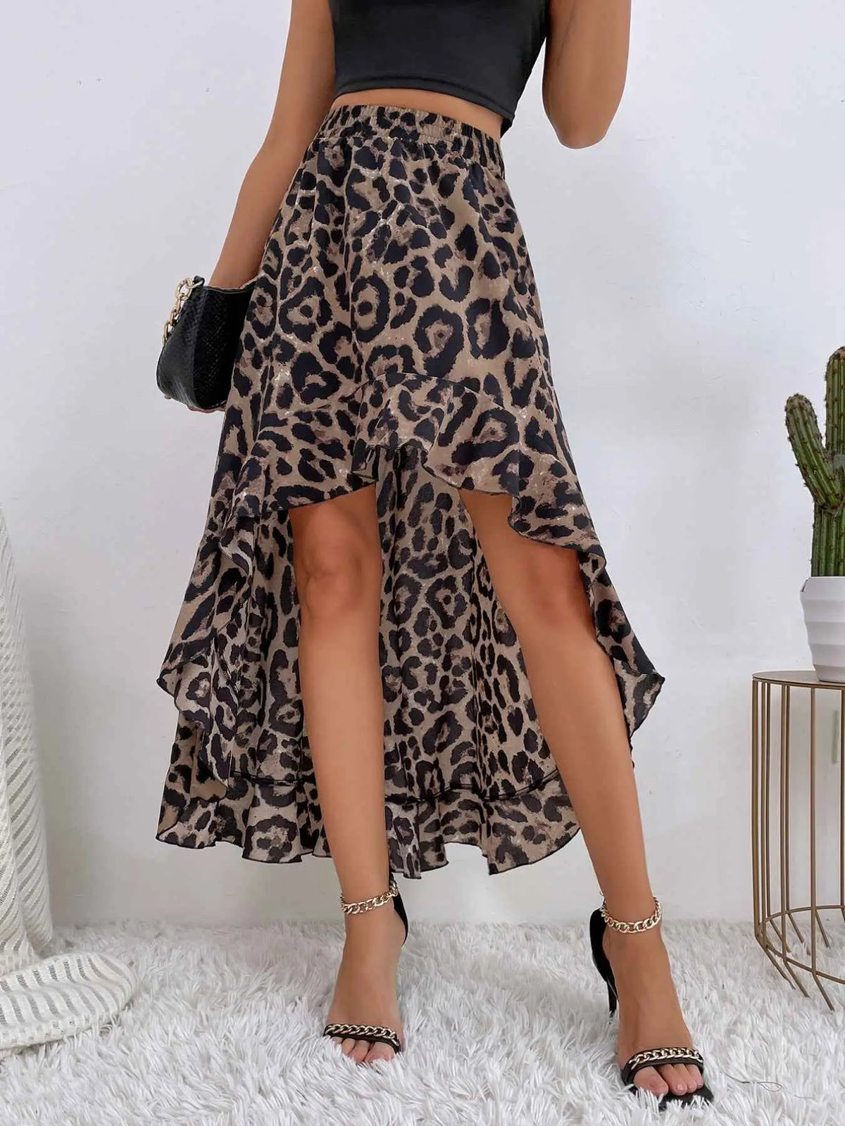 Leopard Print Ruffle Hem high-low skirt in brown and black polyester with asymmetrical hem and gathered waist