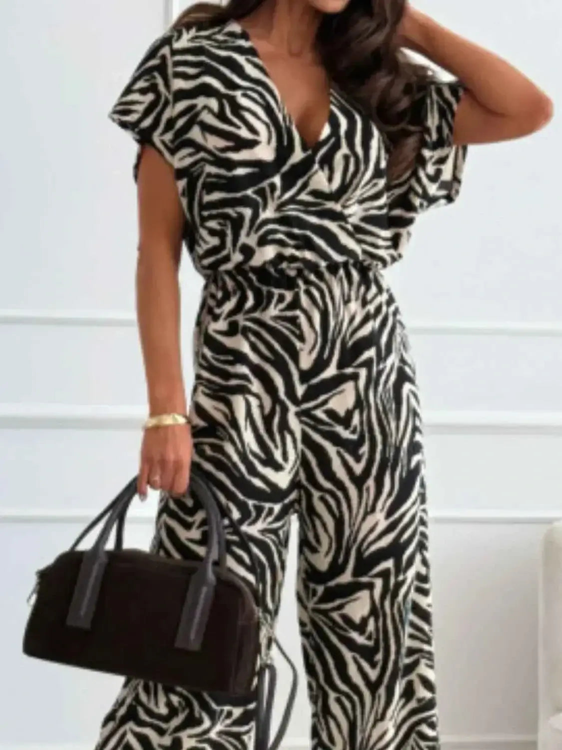 Leopard Print Short Sleeve Wide Leg Jumpsuit