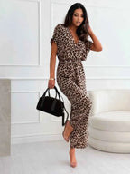 Leopard Print Short Sleeve Wide Leg Jumpsuit
