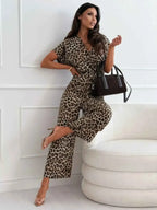 Leopard Print Short Sleeve Wide Leg Jumpsuit