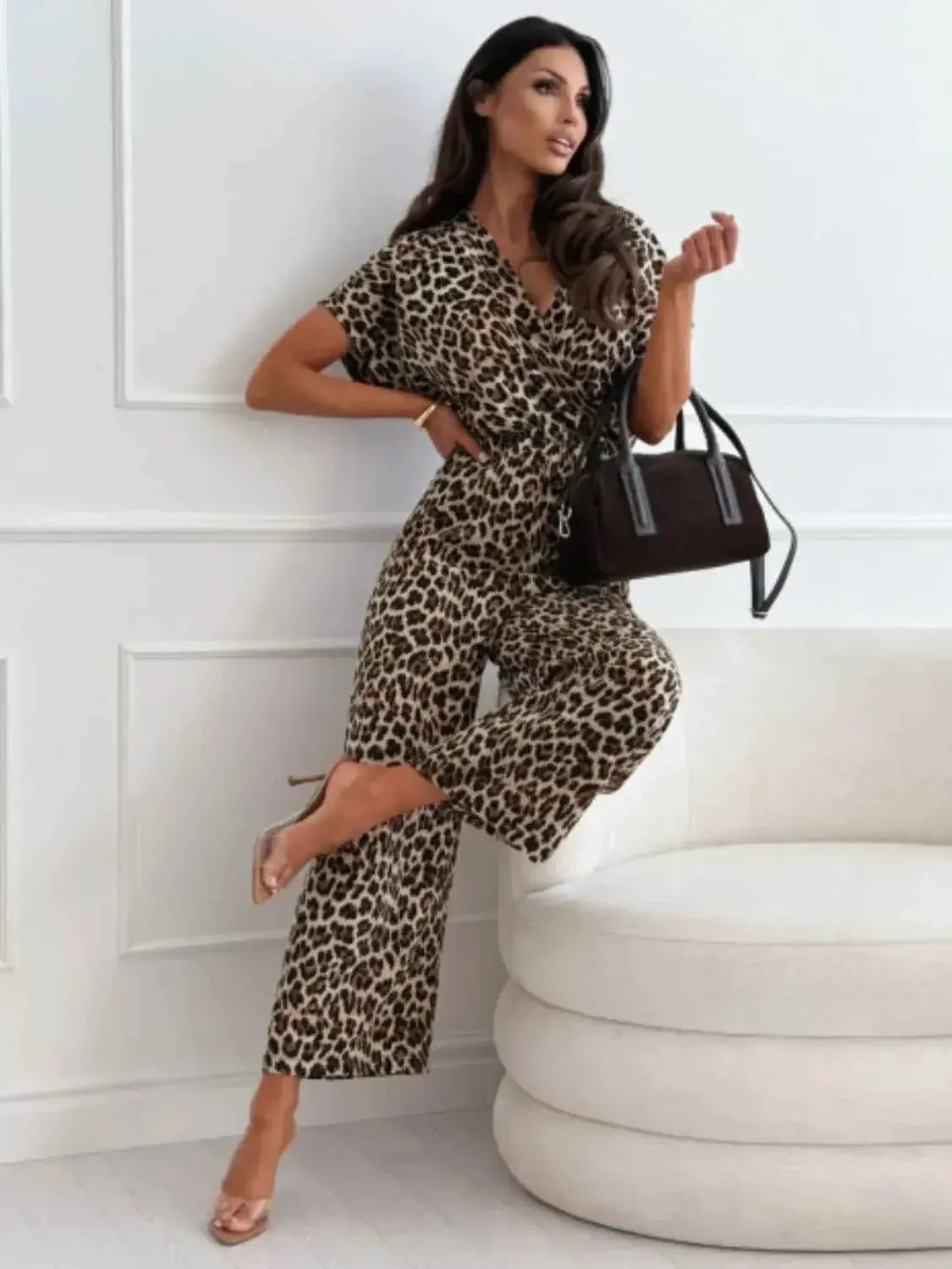 Leopard Print Short Sleeve Wide Leg Jumpsuit