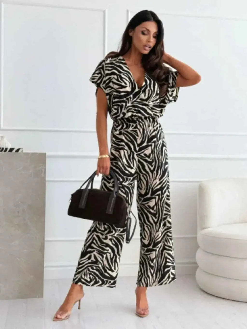 Leopard Print Short Sleeve Wide Leg Jumpsuit