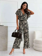 Leopard Print Short Sleeve Wide Leg Jumpsuit