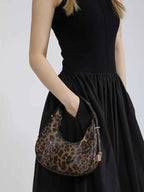 Leopard Print Shoulder Bag in mini size with brown and black spotted PU leather and gold hardware accents