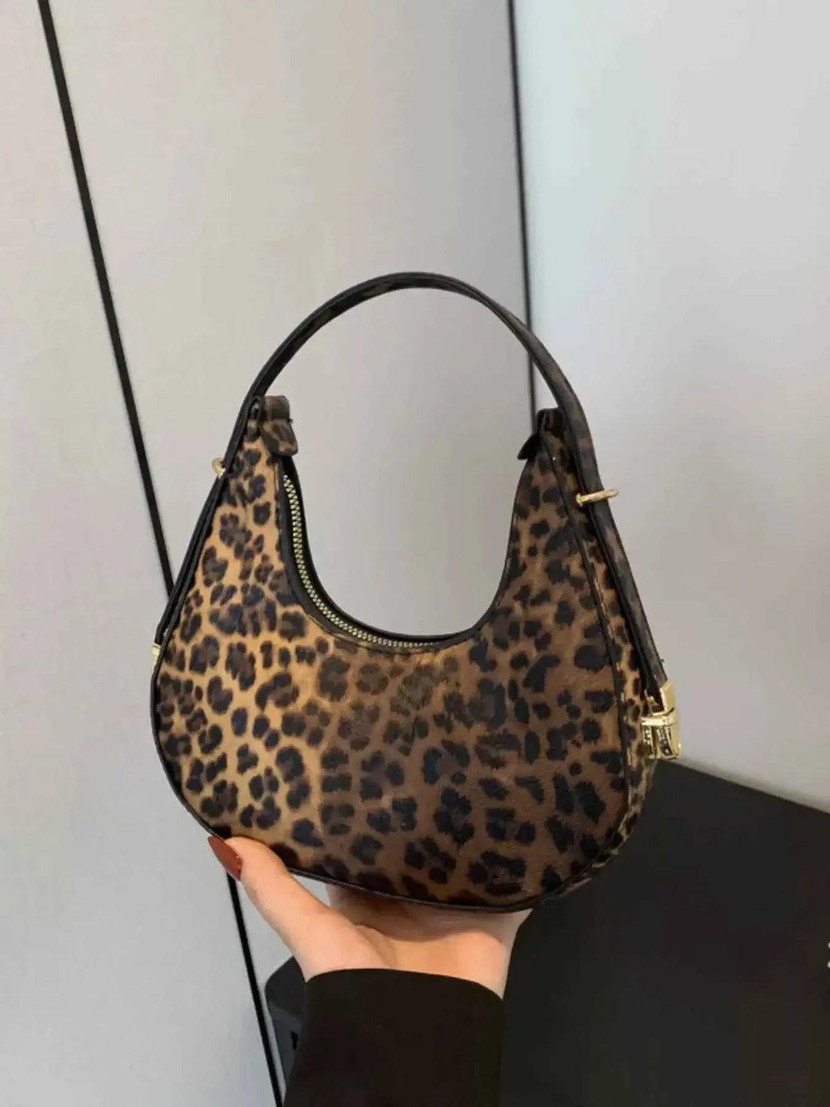 Leopard Print Shoulder Bag mini size with brown and black leopard pattern on PU leather and black handle