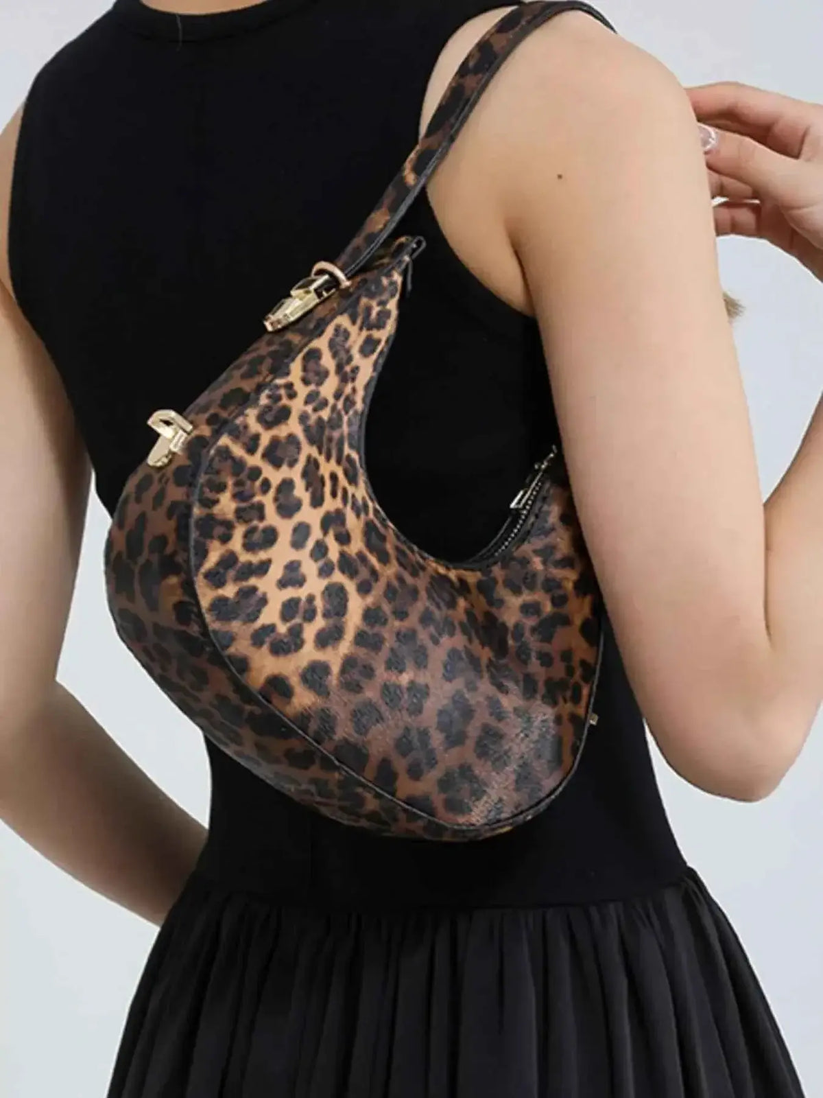 Leopard Print Shoulder Bag in PU leather with brown and black leopard pattern featuring a compact mini size and gold-tone hardware details