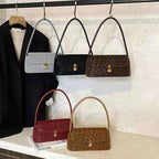 Leopard Print Shoulder Bag collection in small suede with brown, black, beige, gray, and red leopard patterns and gold clasps