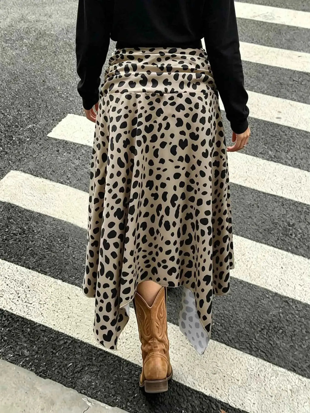 Leopard Print Skirt midi length with asymmetrical hem in beige with black spots and ruched detailing