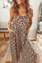 Leopard Print sleeveless cotton blend jumpsuit with square neck, pleated wide legs, and side pockets