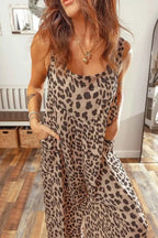 Leopard Print sleeveless wide leg jumpsuit with square neck and pleated detail in cotton blend fabric with pockets