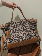 Leopard Studded Tote Bag with brown PU leather trim, leopard print pattern, and studded detailing on the bottom panel