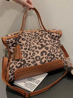 Leopard Studded Tote Bag in brown and black leopard print PU leather with studded base and tassel detail
