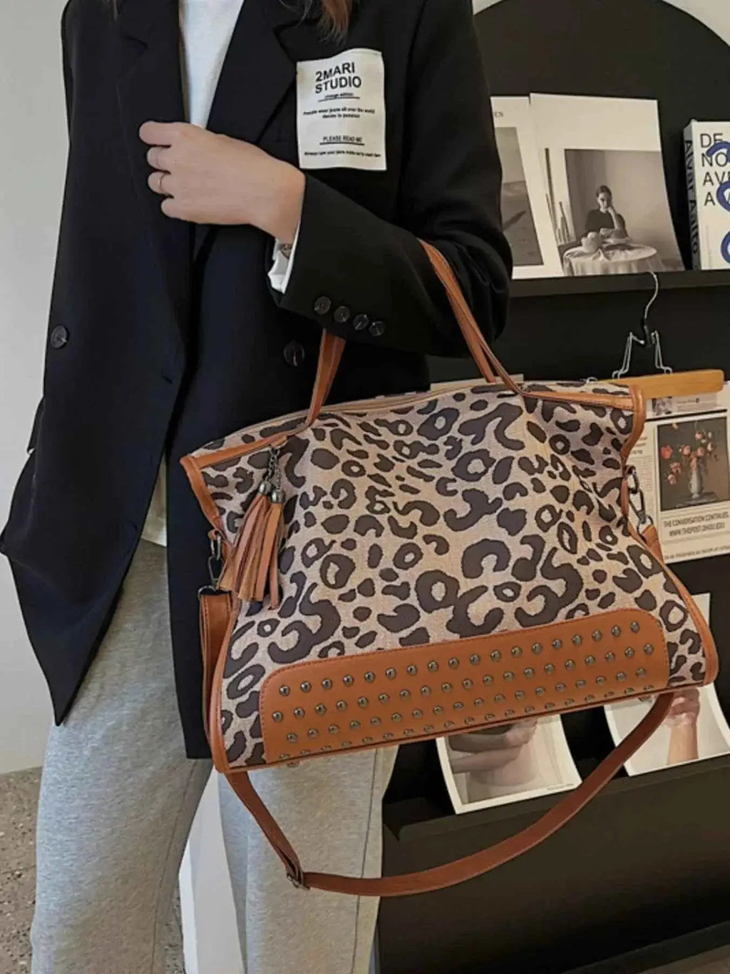 Leopard Studded Tote Bag in brown and tan PU leather with studded detailing and leopard print pattern