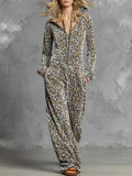 Leopard Zip-Front Hooded Jumpsuit in grey with black and orange spots, featuring a front zipper, pockets, and a drawstring hood