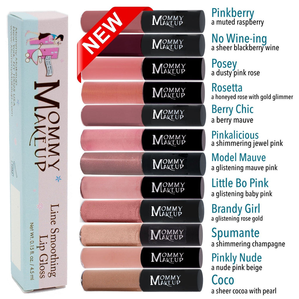 Line Smoothing Lip Gloss set featuring 11 shades from muted raspberry to cocoa with pearl, each in sleek black tubes