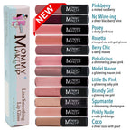 Line Smoothing Lip Gloss set featuring 11 shades from muted raspberry to cocoa with pearl, each in sleek black tubes