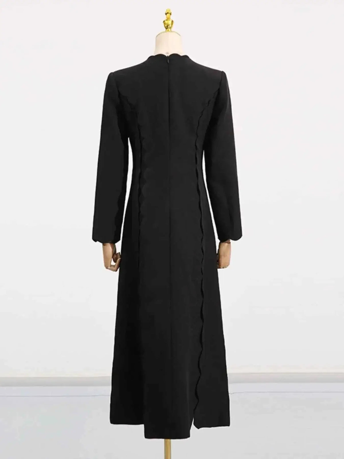 Long Sleeve Bow Front black midi dress with long sleeves and scalloped hem design, made of 100% polyester fabric