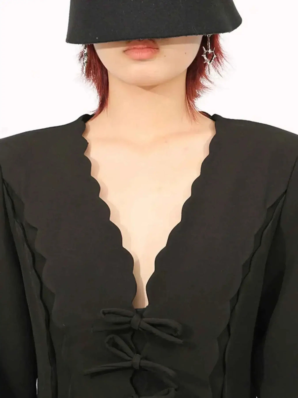 Long Sleeve Bow Front black midi dress with scalloped neckline and front bow ties, polyester fabric, no stretch