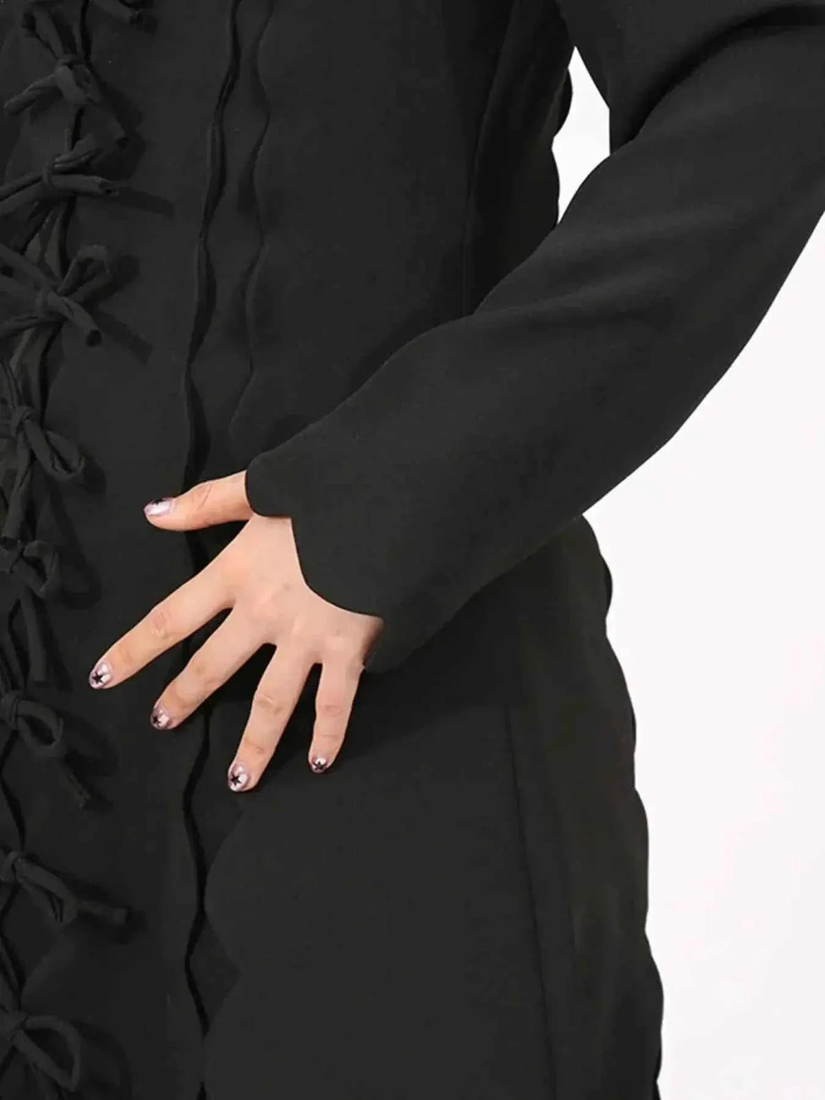 Long Sleeve Bow Front black polyester midi dress with bow details and scalloped edges on sleeve and front