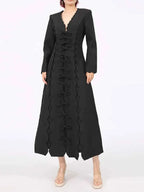 Long Sleeve Bow Front midi dress in black polyester with scalloped edges and front bow detailing
