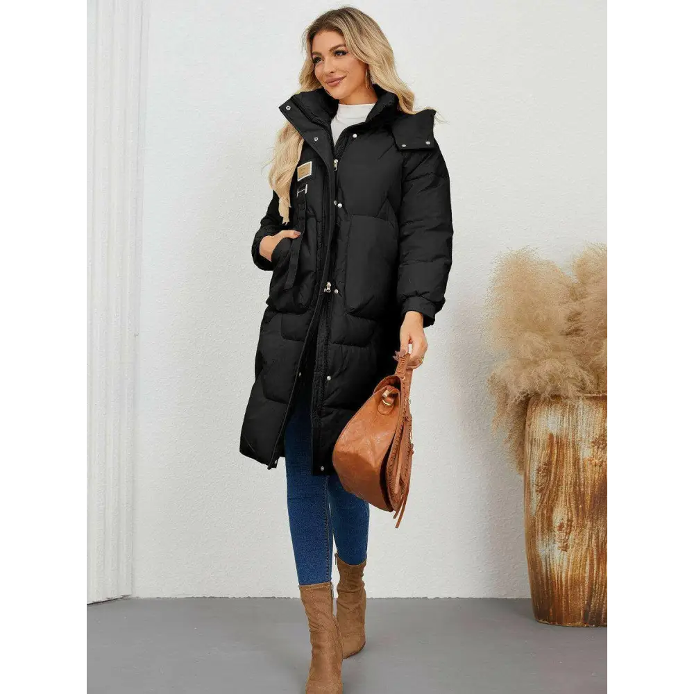 Elevate your wardrobe with the long sleeve longline hooded coat $64.72 pocketed, adding a practical yet chic element