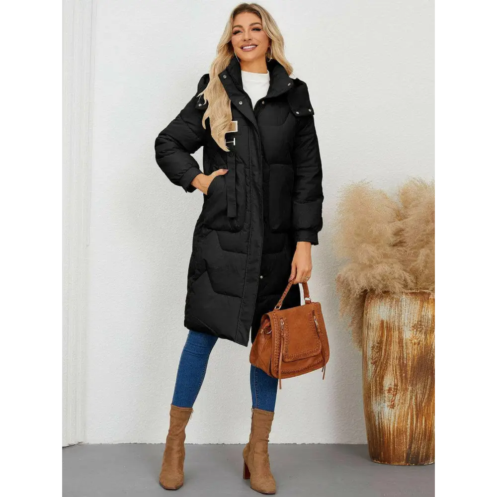 Elevate your wardrobe with the long sleeve longline hooded coat $64.72 pocketed, adding a practical yet chic element