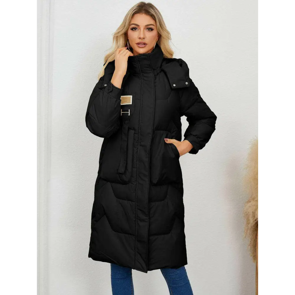 Elevate your wardrobe with the long sleeve longline hooded coat $64.72 pocketed, adding a practical yet chic element