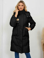 Long Sleeve Longline Hooded Winter Coat in black polyester with large front pockets and a high collar, featuring snap closures and hood