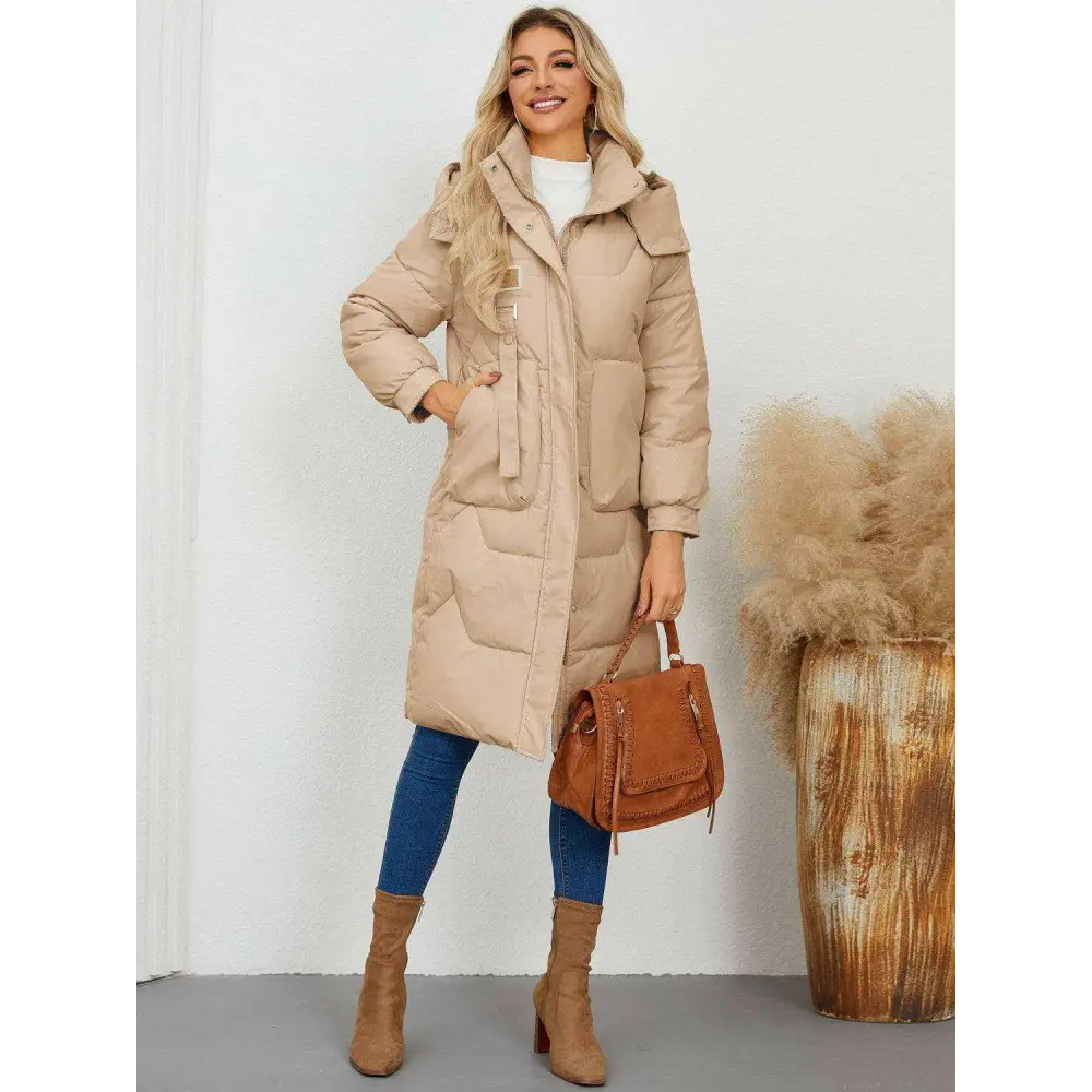 Elevate your wardrobe with the long sleeve longline hooded coat $64.72 pocketed, adding a practical yet chic element