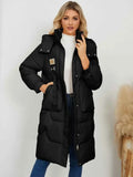 Long Sleeve Longline Hooded Winter Coat in black polyester with front pockets and button details worn by model