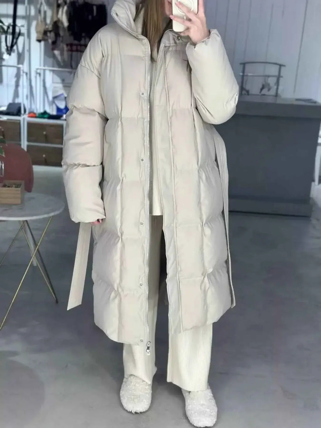Longline Padded Winter Coat with Belted