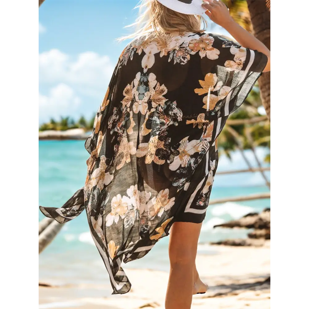 Chic floral slit beach cover-up in luxury fashion for women $25 pattern printed, floral beach slit open front sleeve