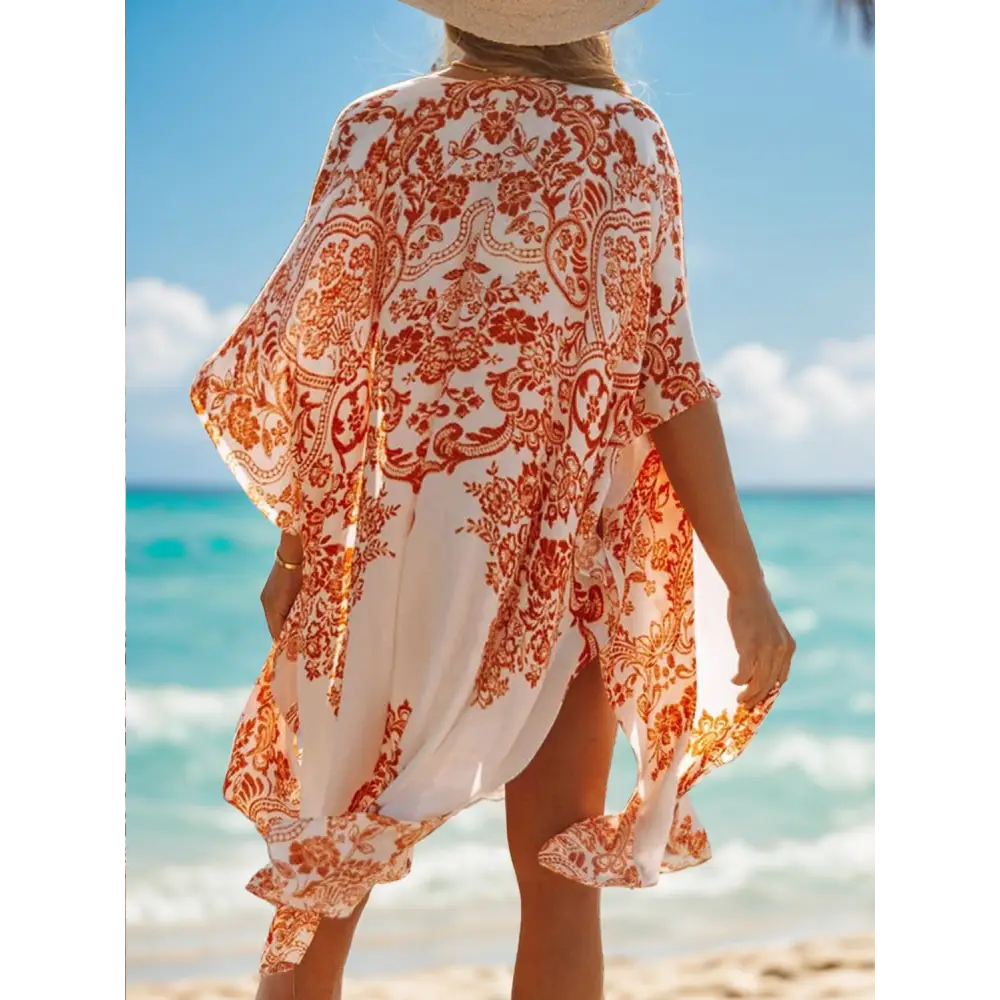 Chic floral slit beach cover-up in luxury fashion for women $25 pattern printed, floral beach slit open front sleeve