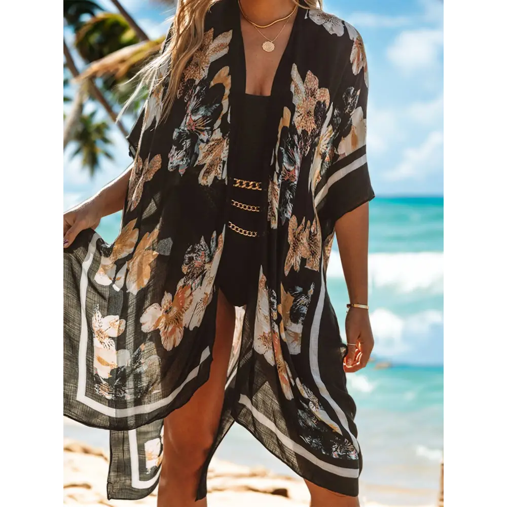 Chic floral slit beach cover-up in luxury fashion for women $25 pattern printed, floral beach slit open front sleeve