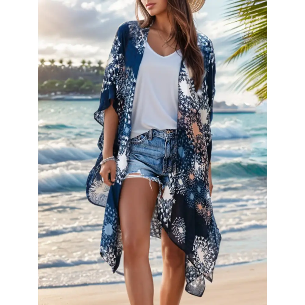 Chic floral slit beach cover-up in luxury fashion for women $25 pattern printed, floral beach slit open front sleeve