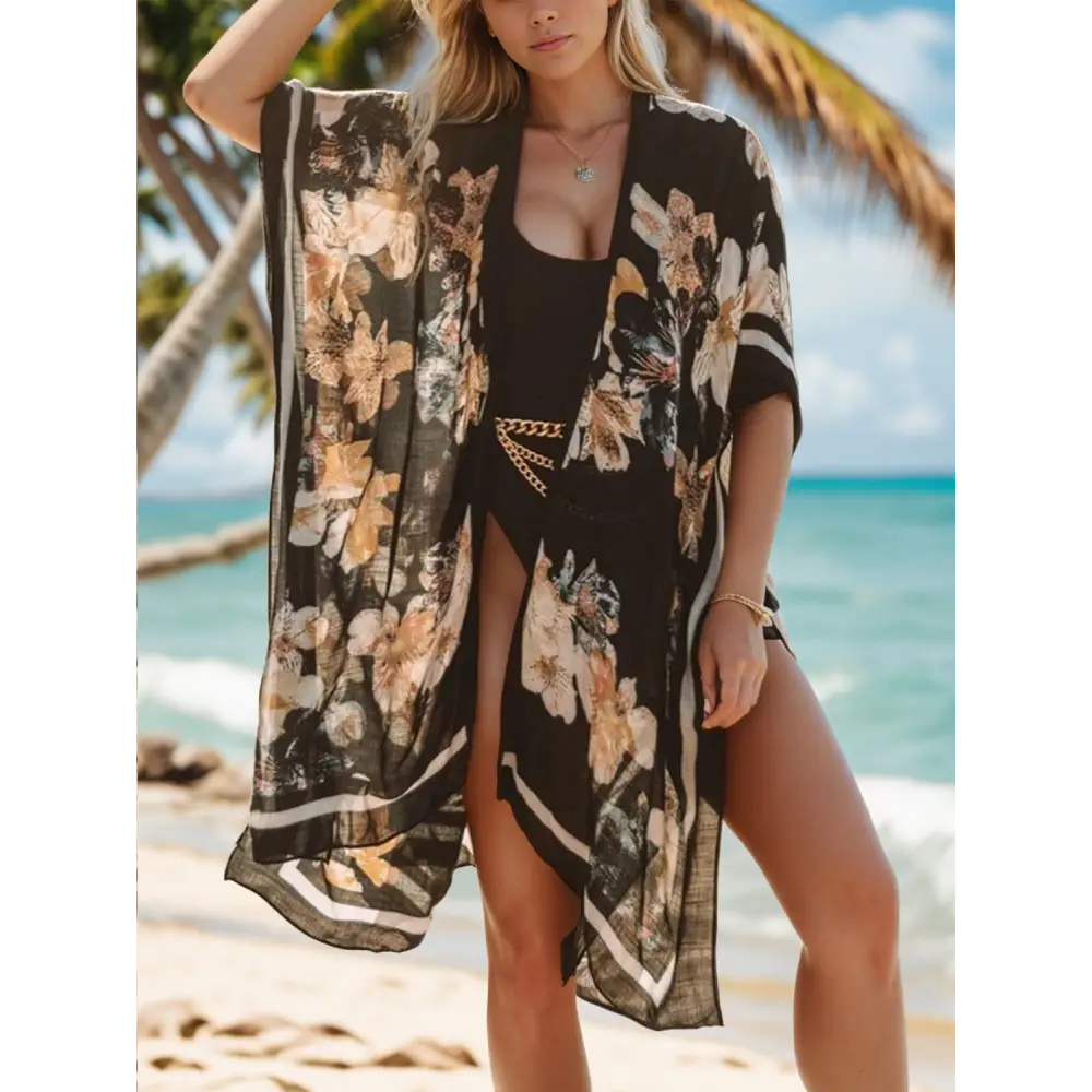 Chic floral slit beach cover-up in luxury fashion for women $25 pattern printed, floral beach slit open front sleeve