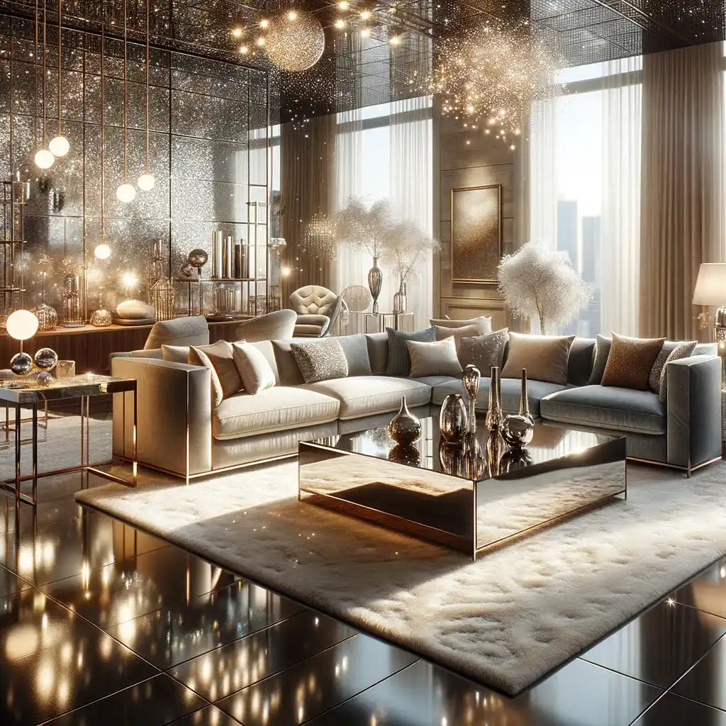 Luxurious modern furniture showroom featuring a sparkling sectional sofa, a sleek mirrored coffee table, and elegant decorative accents. The space is illuminated with glamorous lighting, creating a sophisticated and inviting ambiance.