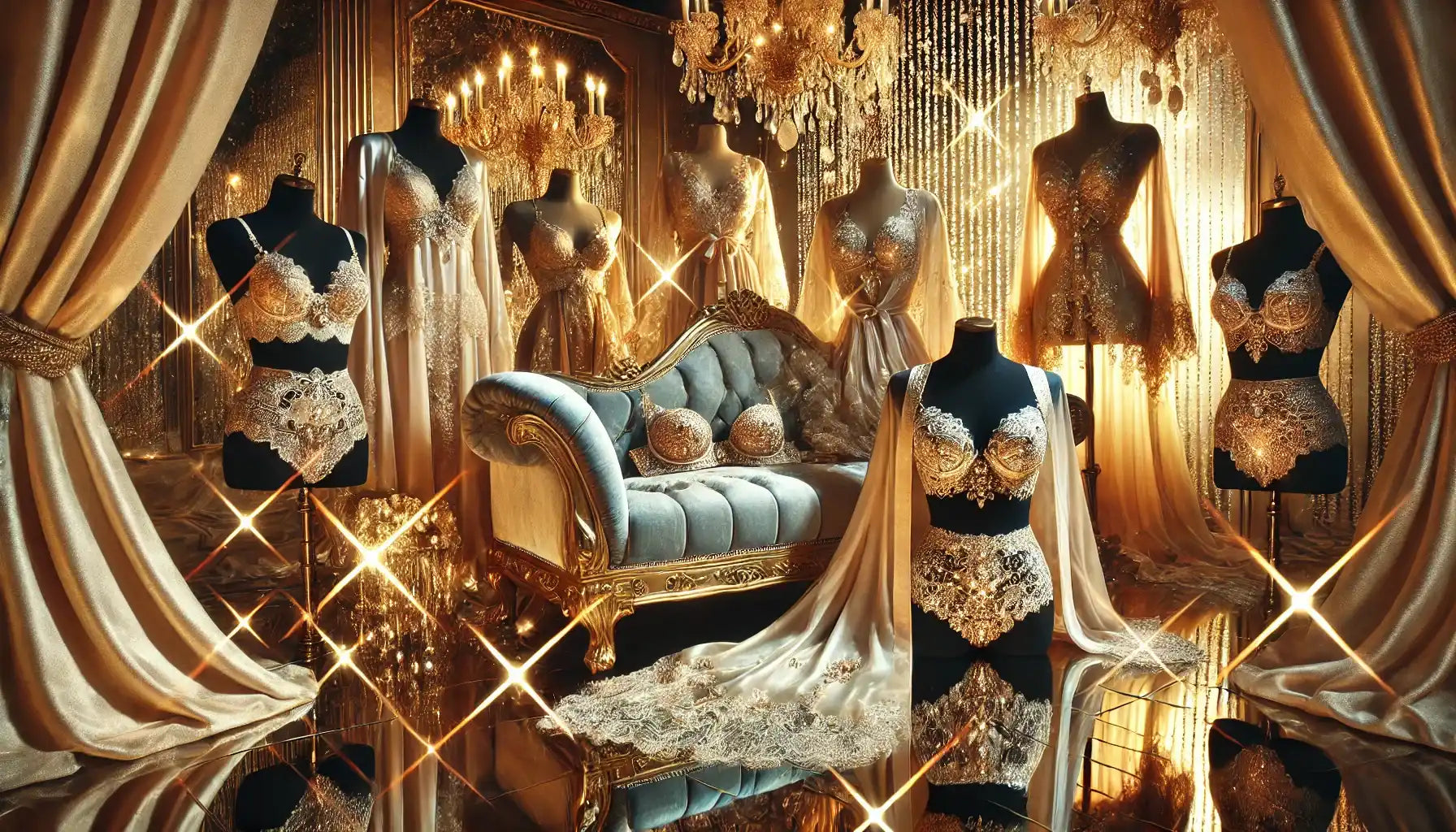 Luxurious loungewear and intimates collection featuring silky robes, lace bralettes, and velvet lounge sets adorned with sparkling gemstones and gold accents. The display includes a plush chaise lounge, radiant chandeliers, and shimmering golden decor, exuding opulence and refinement in a glamorous, high-end setting.