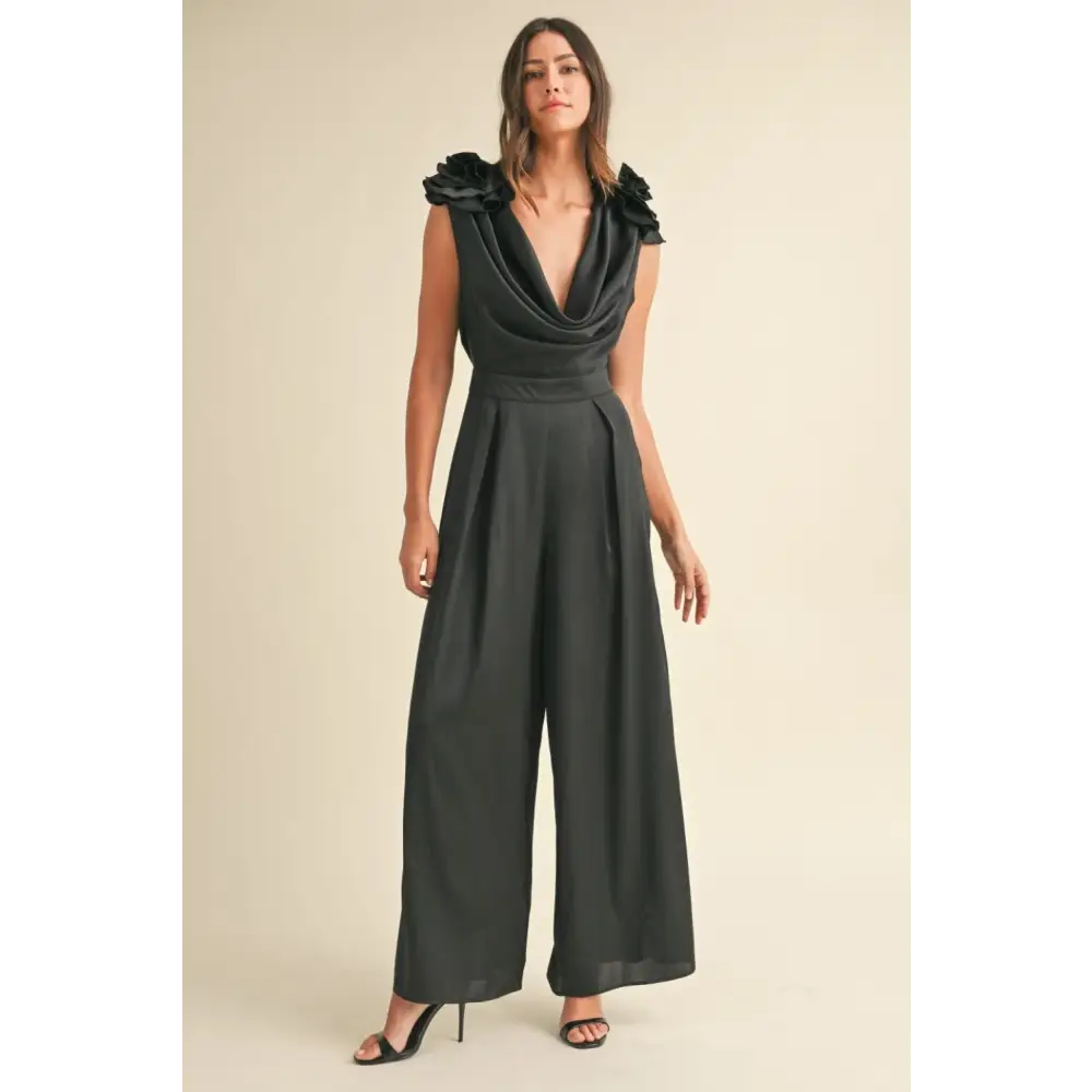 Mable 3d floral applique deep cowl neck jumpsuit in luxury fashion for women $70.99 this stunning jumpsuit epitomizes