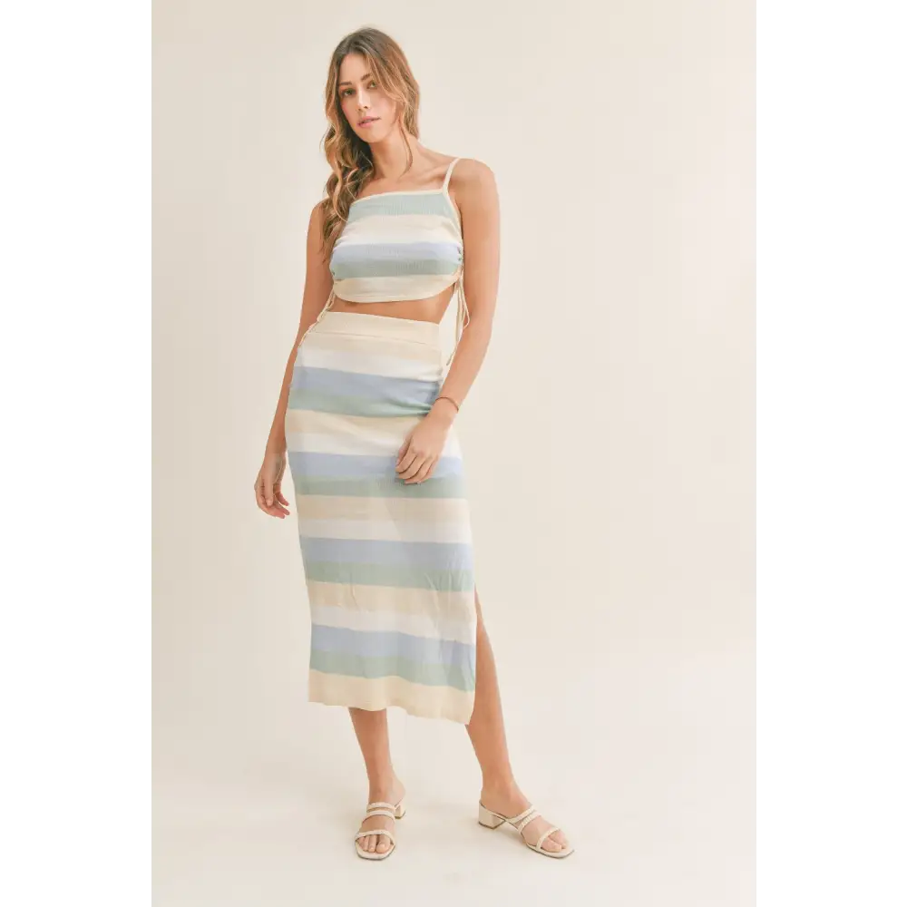 Stripes of elegance in timeless designer clothing for luxury fashion women $49.99 the striped knit cami and midi skirt