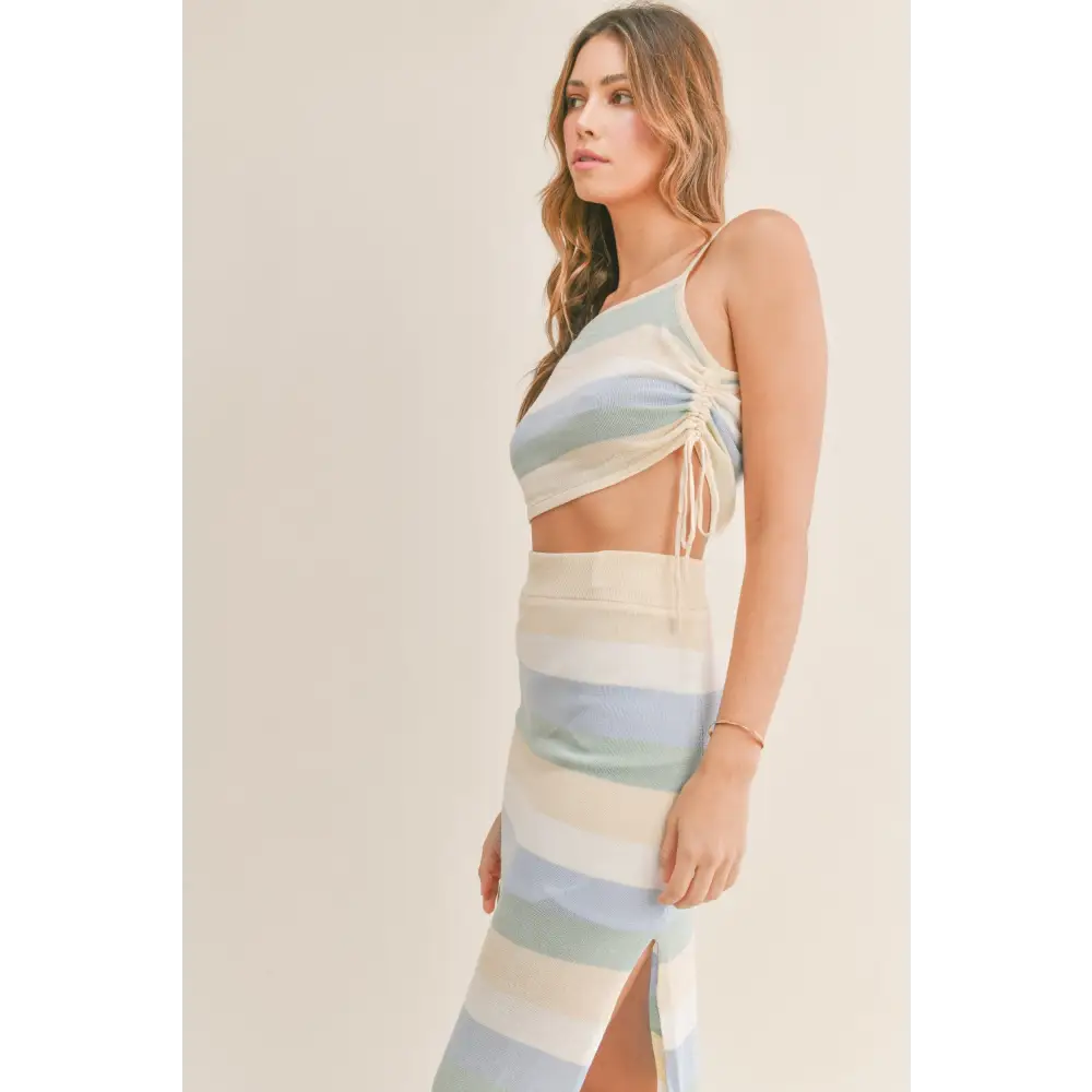 Stripes of elegance in timeless designer clothing for luxury fashion women $49.99 the striped knit cami and midi skirt