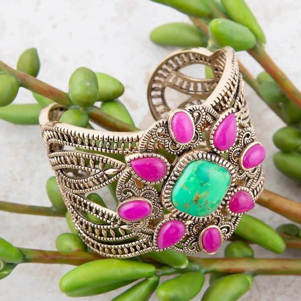 Madeira Lime and Pink Agate Statement Golden Cuff Bracelet - Maven Couture IncBracelets
