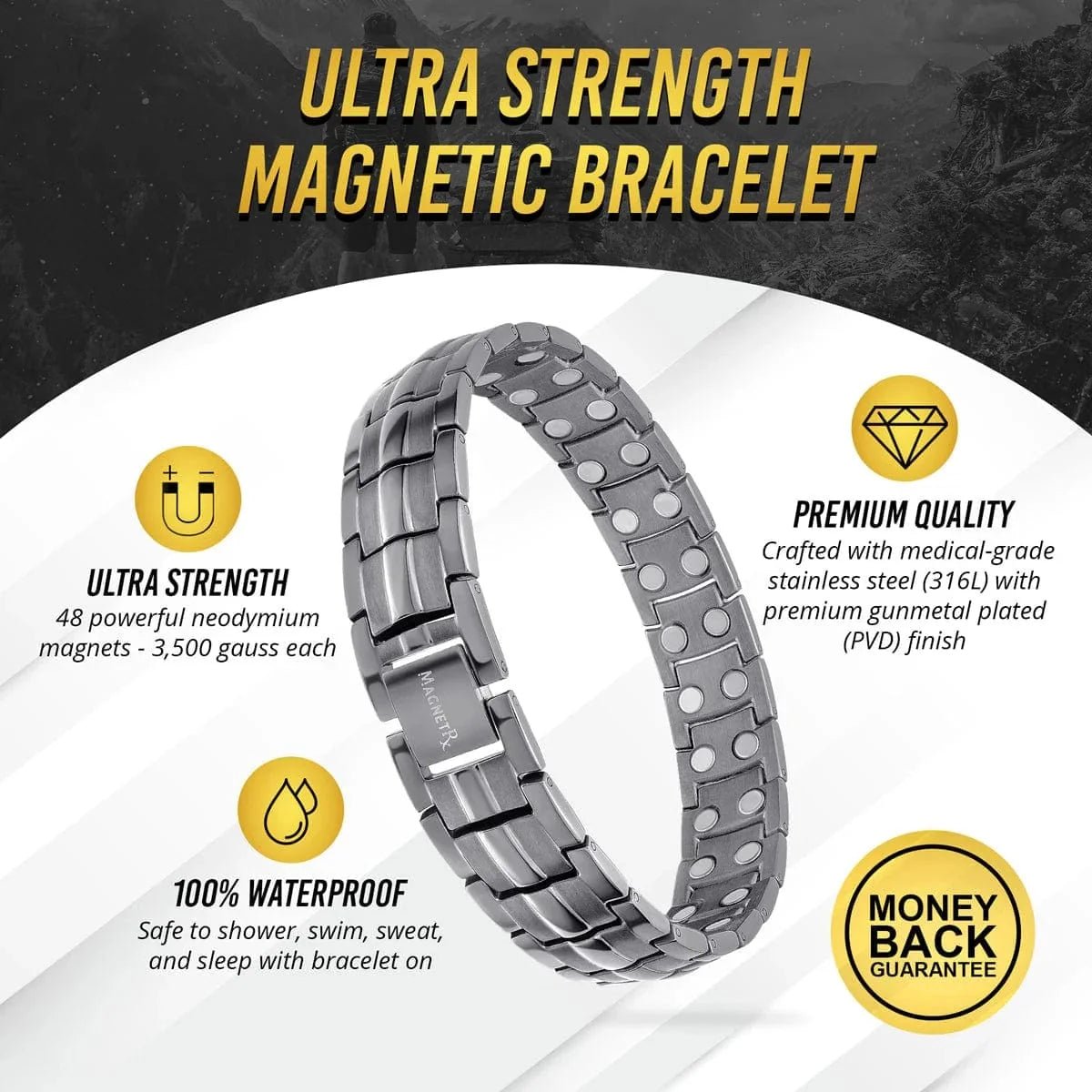 Ultra Strength Magnetic Therapy Bracelet Gunmetal Gray Classic - Maven Couture IncBracelet