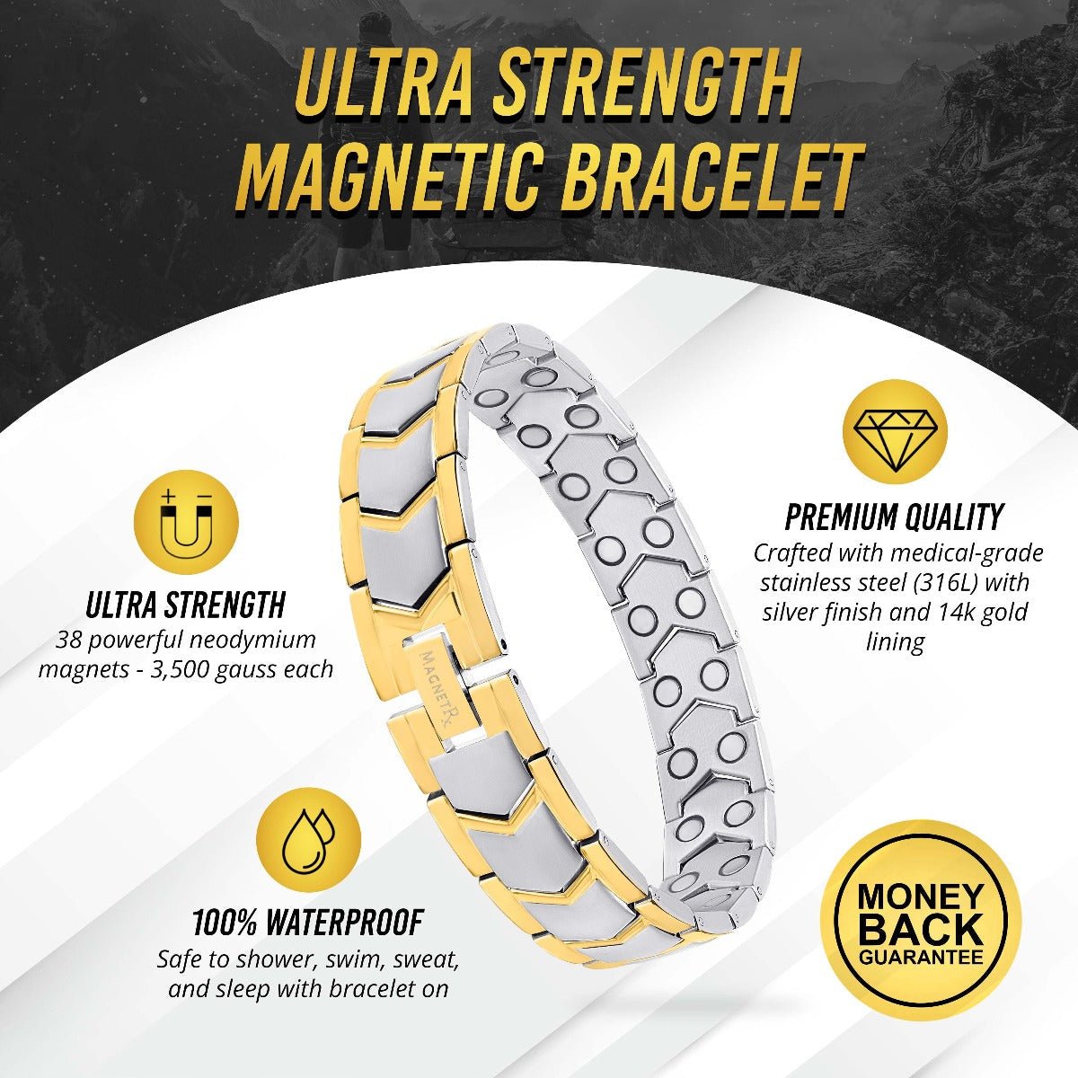 Ultra Strength Silver & Gold Arrow Chain Magnetic Therapy Bracelet - Maven Couture IncBracelet