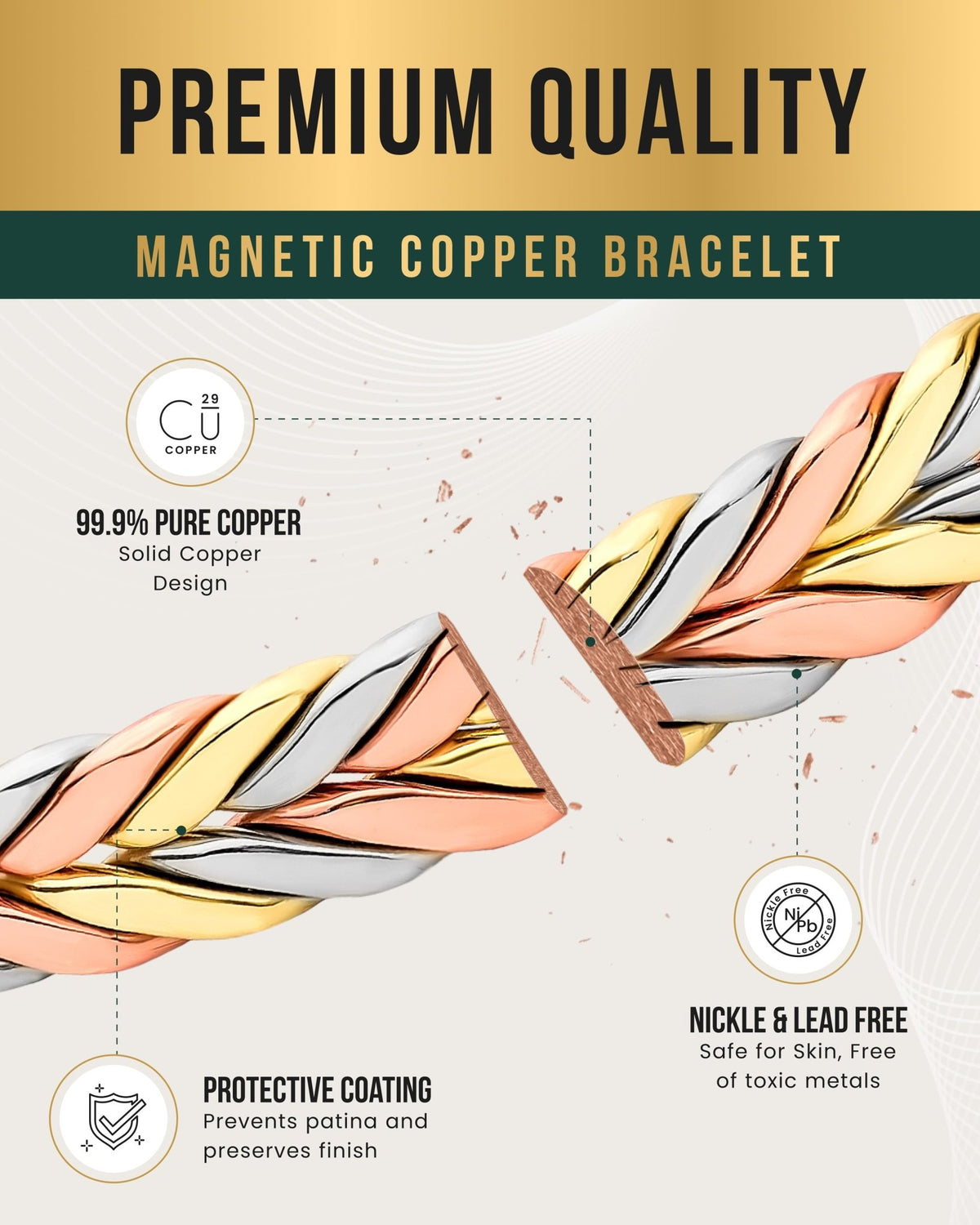 Woven Tri-Tone Magnetic Therapy Bracelet Cuff - Maven Couture IncBracelet