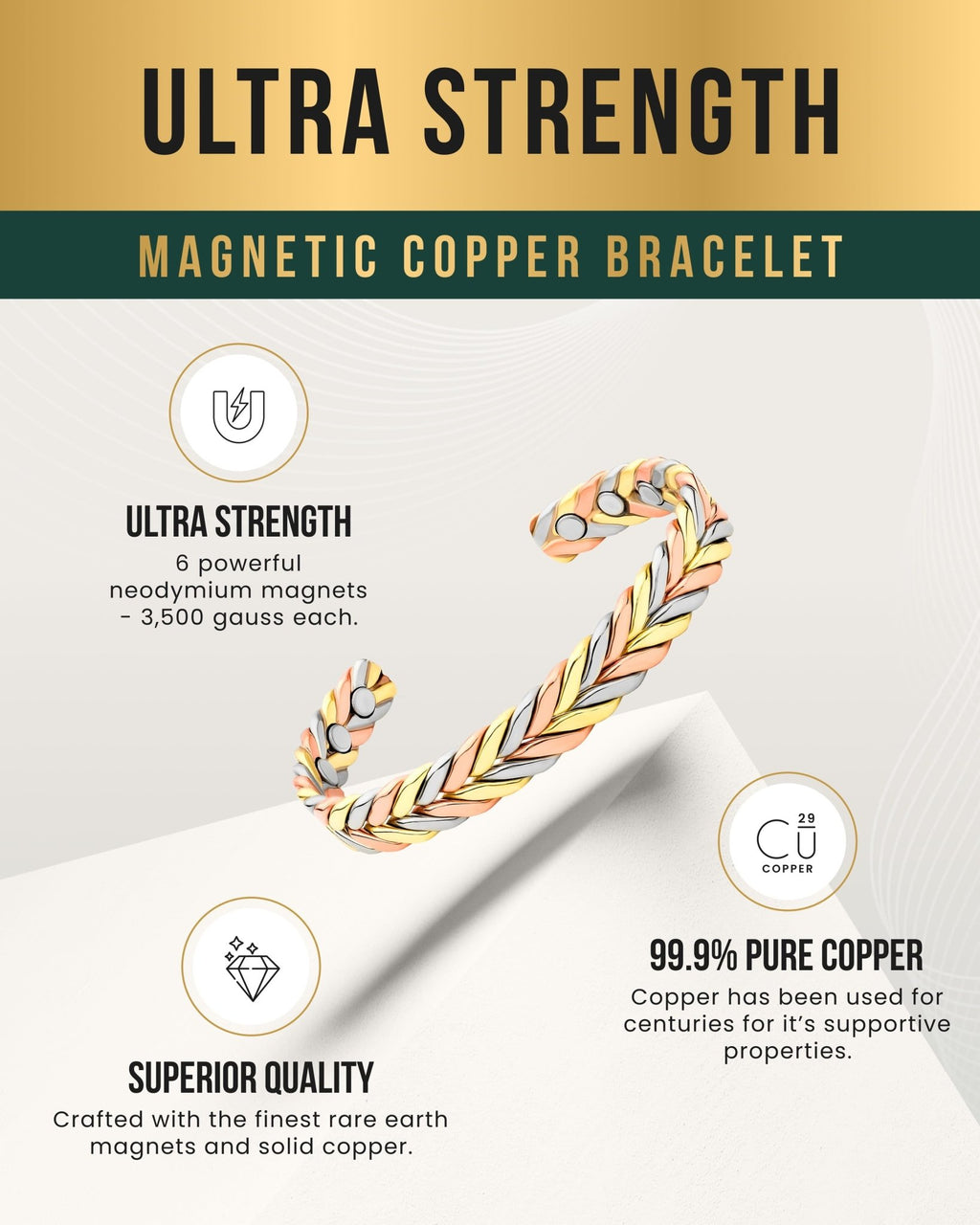 Woven Tri-Tone Magnetic Therapy Bracelet Cuff - Maven Couture IncBracelet