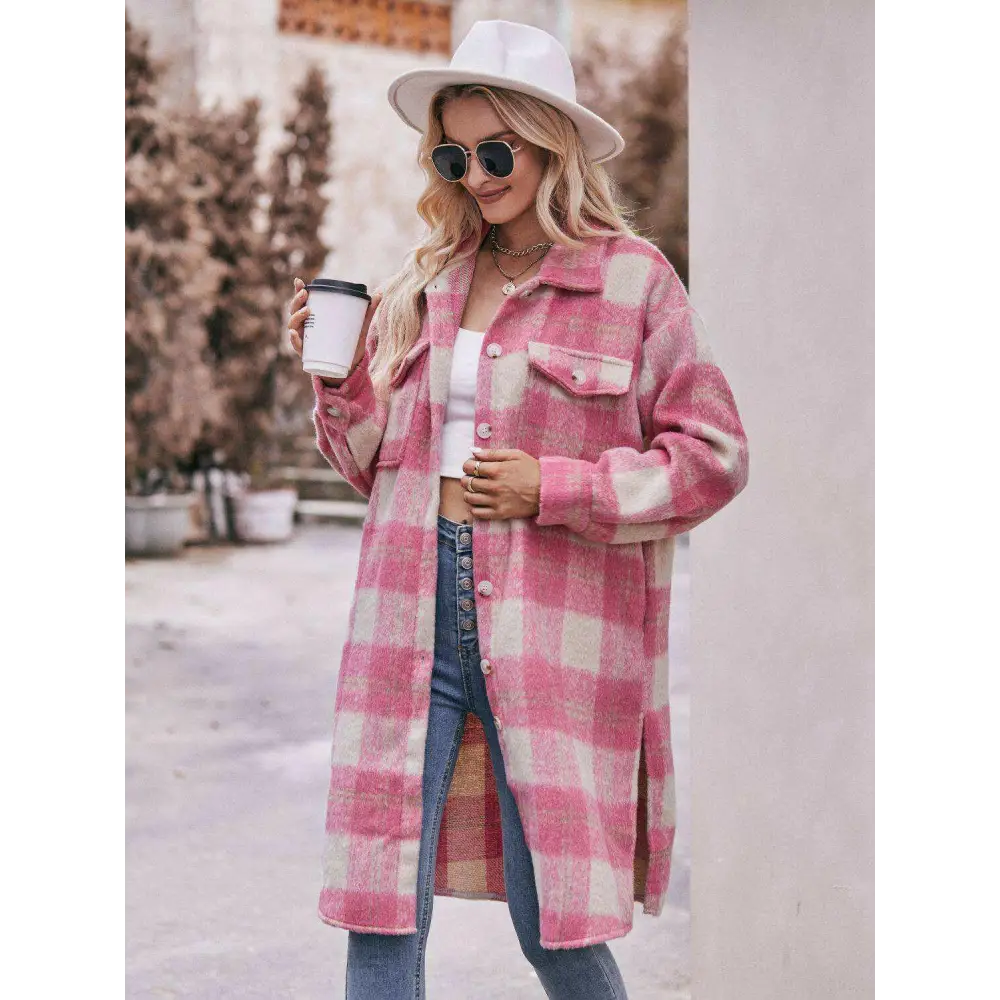 Elevate your wardrobe with the mandy plaid slit coat in luxury fashion $44 buttoned, pocketed - elevate your style