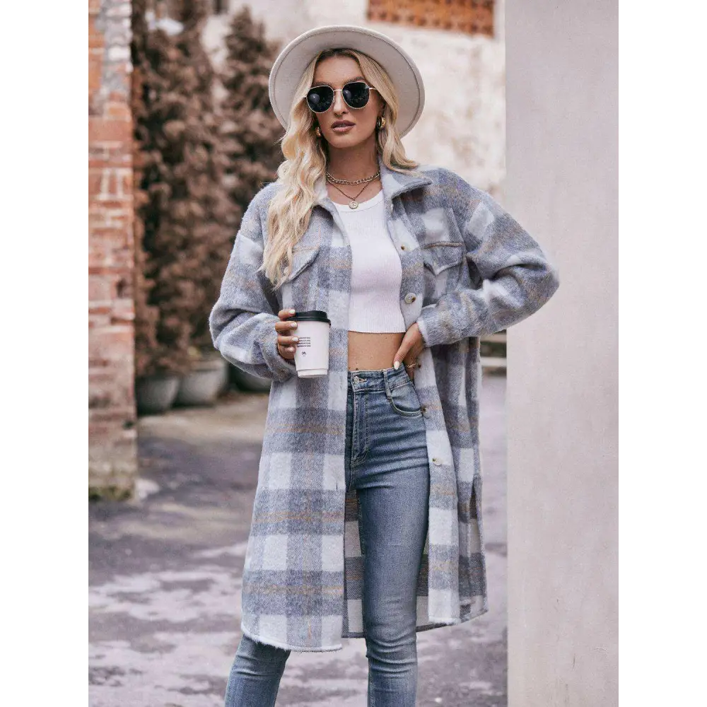 Elevate your wardrobe with the mandy plaid slit coat in luxury fashion $44 buttoned, pocketed - elevate your style