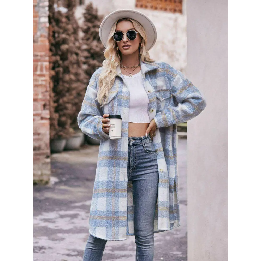 Elevate your wardrobe with the mandy plaid slit coat in luxury fashion $44 buttoned, pocketed - elevate your style