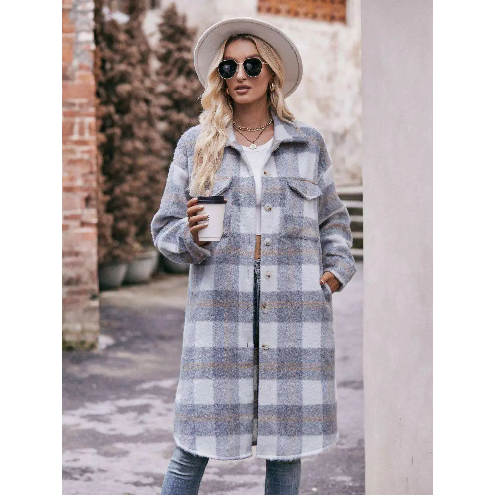 Elevate your wardrobe with the mandy plaid slit coat in luxury fashion $44 buttoned, pocketed - elevate your style